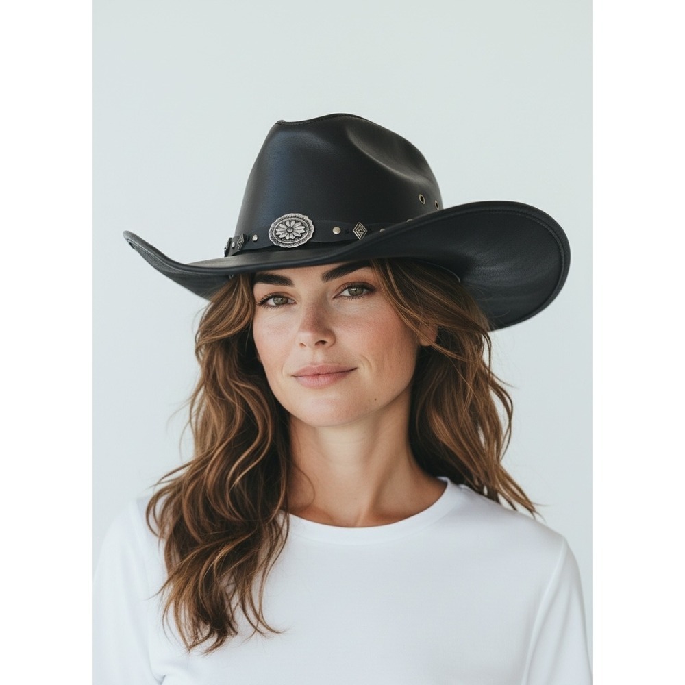 Stetson Rodeo DR Collection Black Leather Cowboy Hat Concho Band Western Style